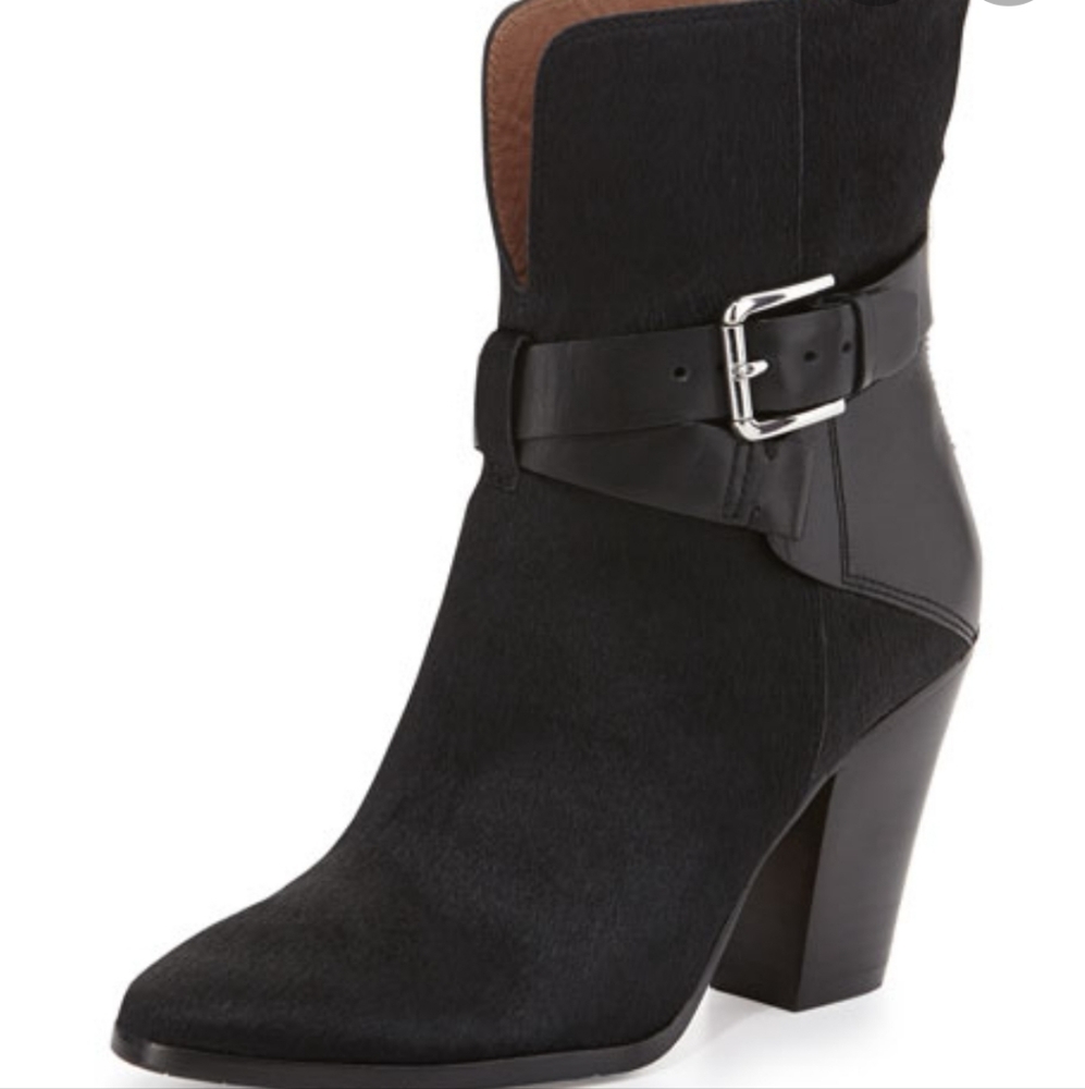 Donald J. Pliner Sarje Black Calf Hair Leather Trim Buckle Zip-Up Heeled…